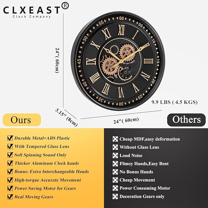 CLXEAST 24 Inch Wall Clock with Moving Gears, Black Gold Roman Numeral Wall Clocks for Modern Farmhouse Living Room Decor,House Warming Gifts New Home