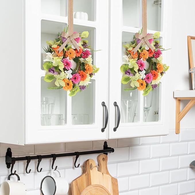 6 Pcs Artificial Summer Wreaths Mini Colorful Daisy Floral Wreath Farmhouse Spring Swag Kitchen Cabinet Wreaths Hanging Flowers Wreath for Front Door Indoor Outdoor Home Decor Festival Celebrations