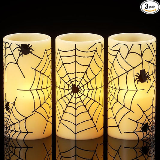 Wondise Halloween Flickering Flameless Candles with Spider Decals, Battery Operated Candles with 6hrs Timer, Real Wax Halloween LED Candles for Horror Spooky Halloween Home Decoration(Set of 3, 3"x6")