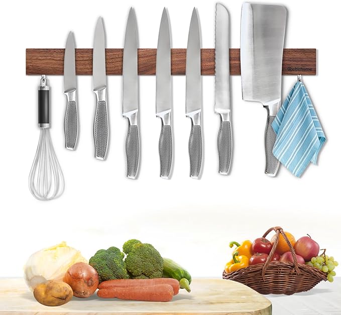Magnetic Knife Holder for Wall, Magnetic Knife Strip No Drilling 20 Inch, Walnut Wood Magnet knife holder strip with 2 Hooks, Powerful Magnet Knife rack for Kitchen Utensils, Knives and Tools