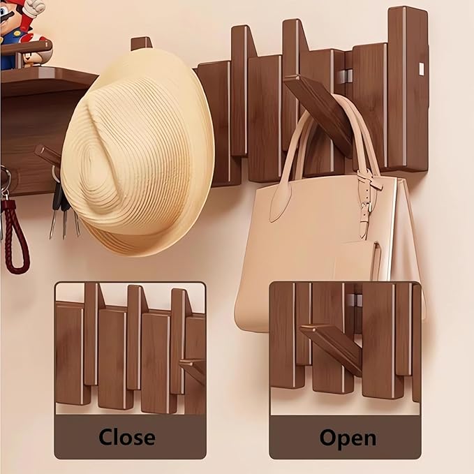 Wall Mounted Piano Key Hanger | Flip Style Hook | Entrance Wall Art Hook, Made of Oak Wood (3 Times Painted, 4 Times Polished) (Fence Beech, 8Hooks)