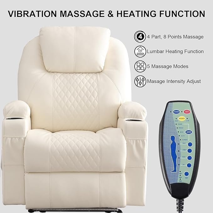 Power Recliner Chair with Heat and Massage, PU Leather Home Theater Seating with LED Lights/Cup Holders/Side Pocket/USB Port, Reclining Sofa Chair for Living Room(2, Beige)