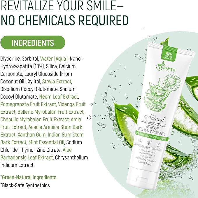 Natural Fluoride Free Toothpaste - Nano Hydroxyapatite, Remineralizing, Sensitive Teeth, Whitening & Zero Waste Tube - Dentist Recommended for Adult & Kids Oral Aloe Vera & Chamomile (4 Pack, Aloe)