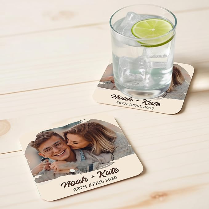 60 Pack Personalized Wedding Coasters, Custom Cardboard Coasters for Drinks with Photo Print and Text, Keepsake Wedding Favors and Gifts for Couples, 4x4 Square, Design 3