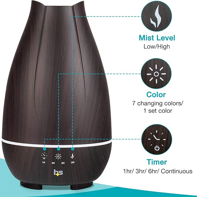 HealthSmart Essential Oil Diffuser, Cool Mist Humidifier and Aromatherapy Diffuser with 500ML Tank Ideal for Large Rooms, Adjustable Timer, Mist Mode and 7 LED Light Colors, Brown (Pack of 2)