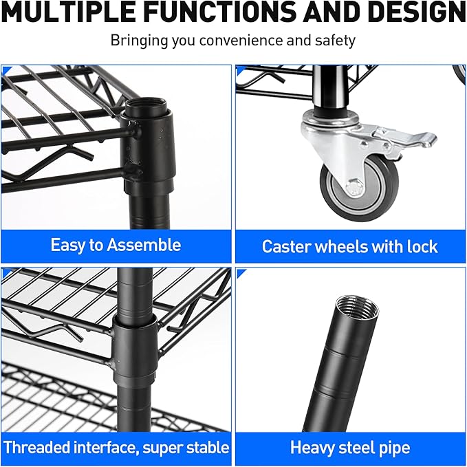 5 Tier Wire Shelf Shelving Unit, 60"x 24"x82" Metal Storage Shelves, Heavy Duty Garage Storage Shelves with Wheels, Chrome 3000LBS Capacity Wire Shelf Rack for Restaurant, Garage, Pantry, Kitchen