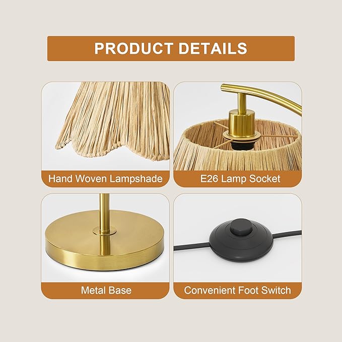 Oneach Arc Floor Lamp for Living Room,Rattan Boho Floor Lamp with Hand-Woven Wicker Shade, Foot Switch,Gold Metal Base & Pole,Farmhouse Standing Lamp for Bedroom Corner,Reading