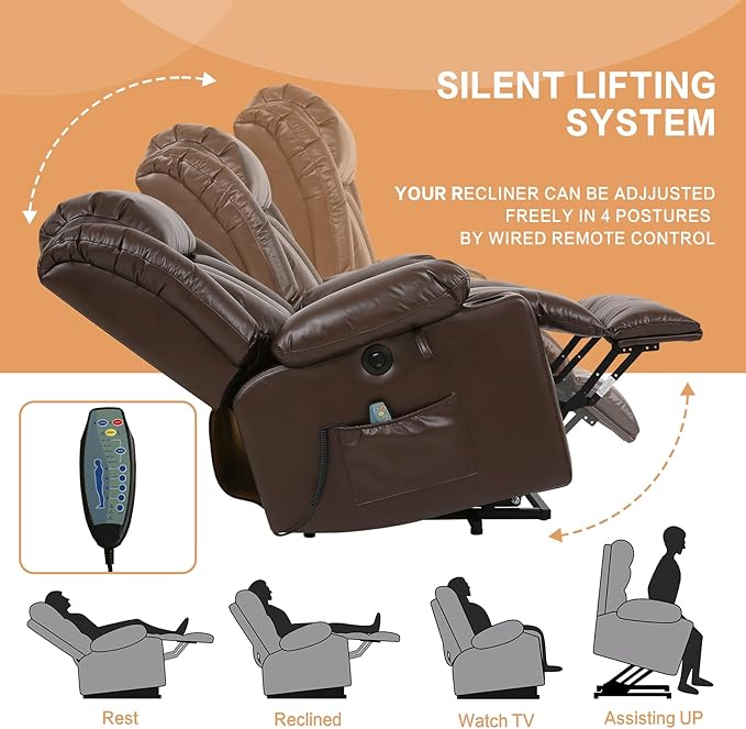 Power Lift Recliner Chair for Elderly Breathable Leather Recliner Chair with Massage and Heat for People Limited Mobility,2 Cup Holders,Electric Stand Assist,USB Ports,Gifts for Family (Brown)