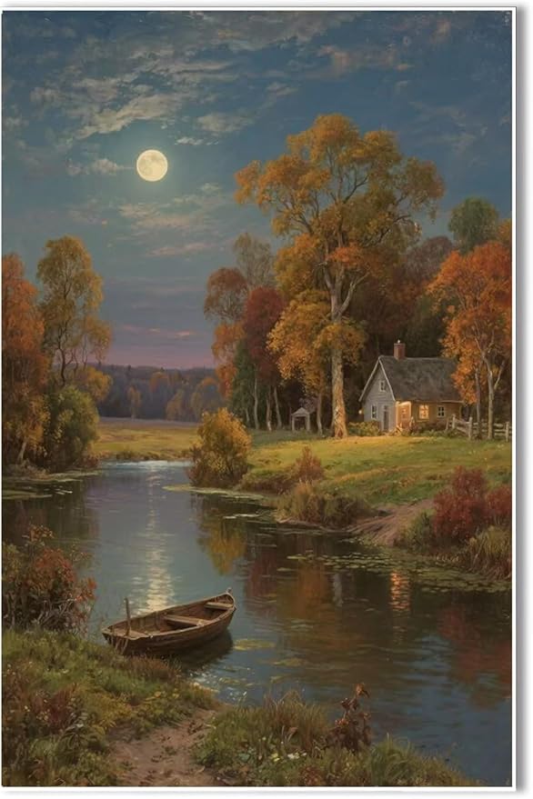 Small house by the stream under the moonlight tranquil style suitable for living room bedroom and office landscape poster wall art