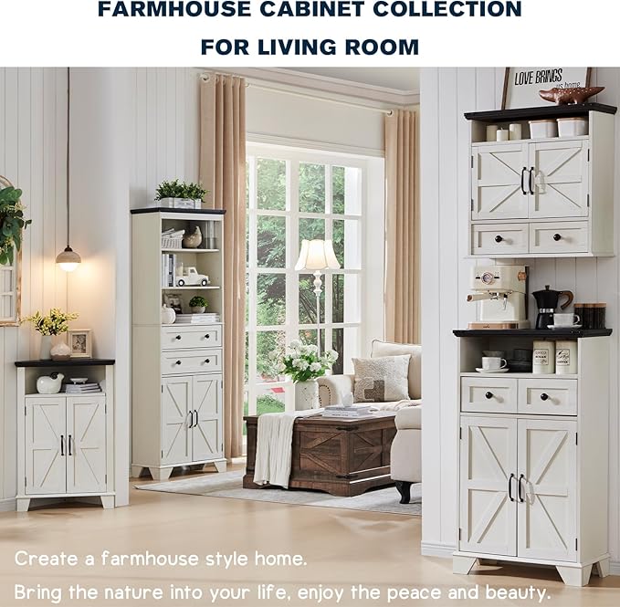 Corner Bathroom Cabinet, Farmhouse Small Corner Cabinet with Barn Door & Adjustable Shelf, Storage Cabinets for Bathroom, Kitchen, Living Room, Off White