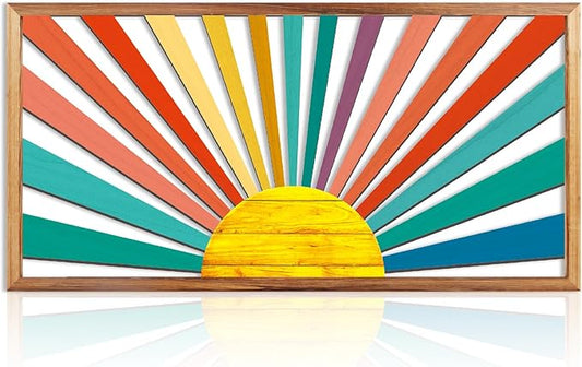 IARTTOP Large Boho Sun Wall Art Framed Wooden Art Wall Decor Sun Geometric Line Sunshine Wall Art for Living Room Bedroom Office 16"" x32, red