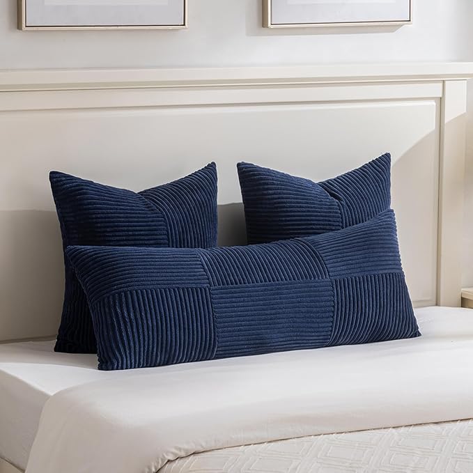 Fancy Homi 2 Packs Navy Blue Decorative Throw Pillow Covers 22x22 Inch for Living Room Couch Bed Sofa, Rustic Farmhouse Boho Home Decor, Soft Corss Corduroy Patchwork Accent Cushion Case 55x55 cm
