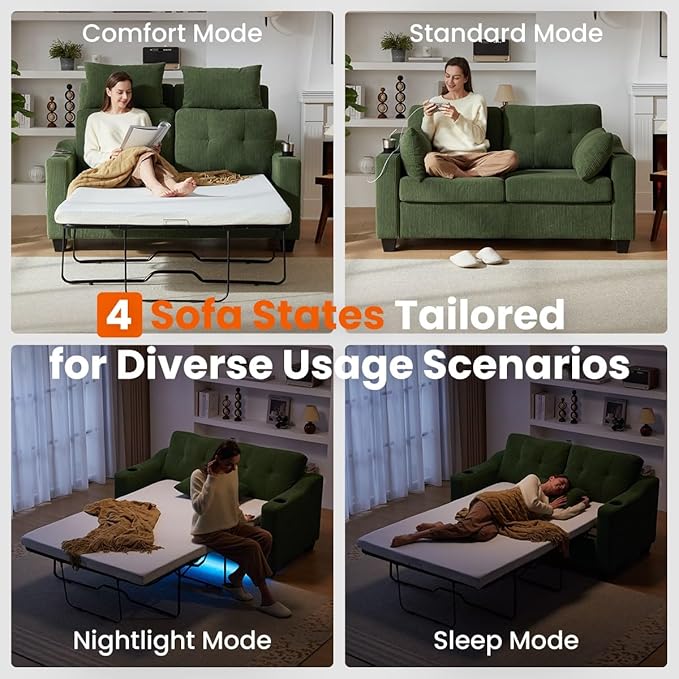 Pull Out Sofa Bed, Full Size Sleeper Sofa, 2-in-1 Convertible Corduroy Couch with USB Charging, Memory Form Couch for Living Room, Apartment and Small Space (Green, Corduroy - Full Size)