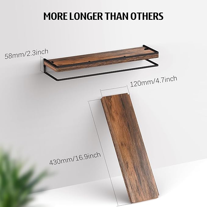 Meangood Floating Shelves Wall Mounted Set of 2, Rustic Wood Wall Storage Shelves for Bedroom,Living Room,Bathroom, Kitchen Rustic Brown