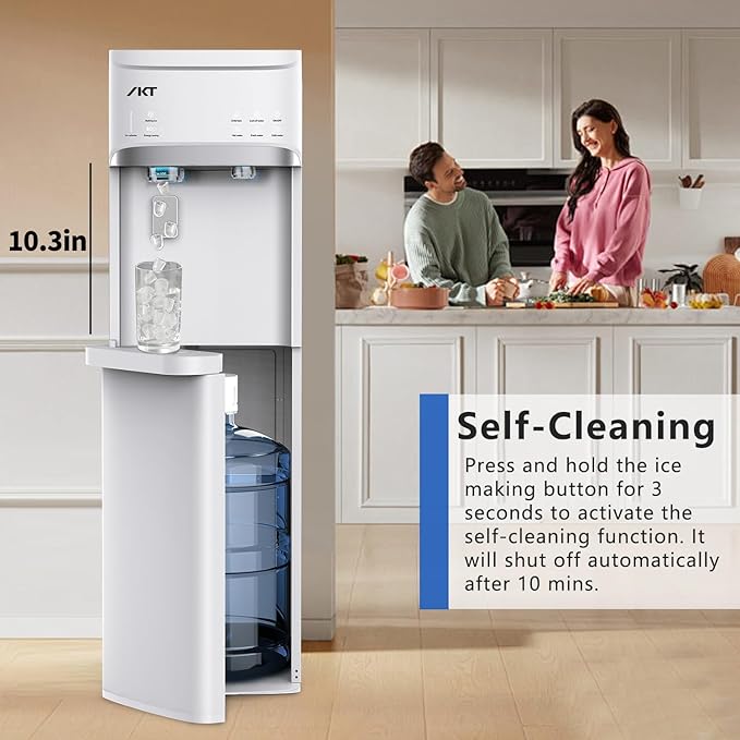 IKT Self-Cleaning Hot Cold and Room Water Cooler Dispenser and Maker Bottom Loading for 5 Gallon Bottle with Energy Saving Mode 22lbs Within 24hrs White