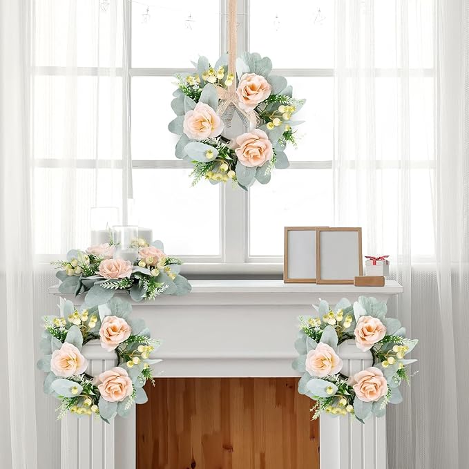 6 Pcs Wedding Rose Candle Rings Swag Wreath Artificial Floral Wreaths with Lamb Leaf Flower Candle Rings Candleholders Garland for Pillar Centerpiece Party Table Wall Window Farmhouse Decor