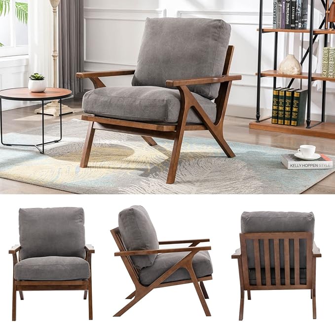 Mid Century Modern Accent Chair with ottoman, Farmhouse Linen Upholstered Living Room Armchair and Ottoman Set, 23" Seat Wide Retro Leisure Lounge Chair with Wood Frame for Home, Bedroom, Office, Grey