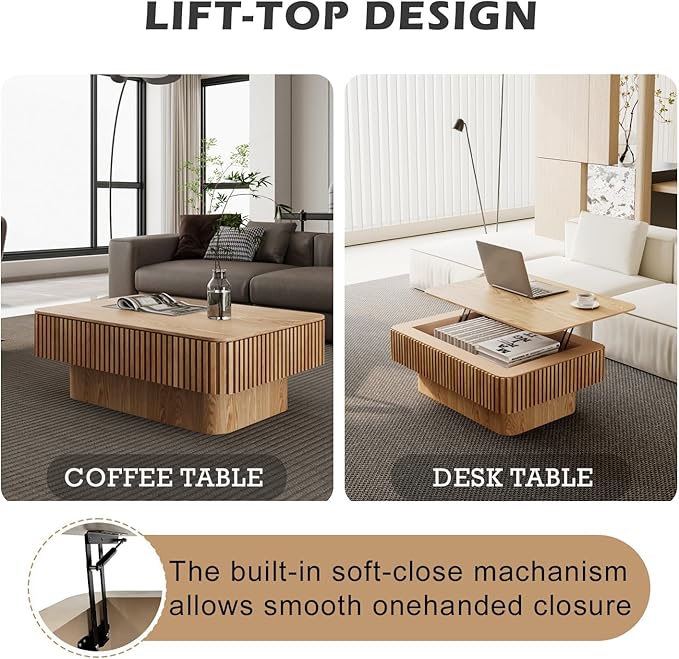 Lift Top Coffee Table with Storage, Solid Wood Coffee Table with Adjustable Height, Fluted Center Table Accent Tea Table for Living Room, Apartment, Office (38.6" Natuall)