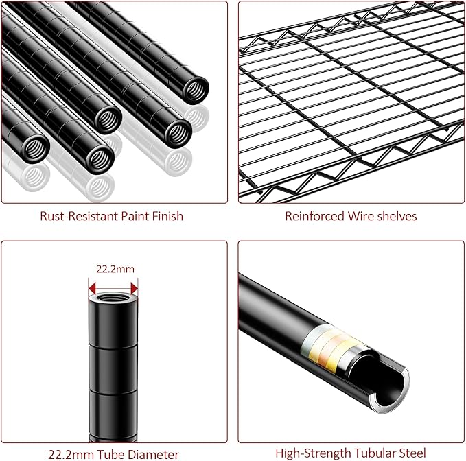 IZEUK 5-Tier Heavy Duty Metal Storage Shelving Unit (Black, 17.7" D x 47.2" W x 72.3" H, 1750 lbs Capacity), Adjustable Steel Wire Rack Shelf Organizer for Garage, Kitchen, Basement, Laundry, Office