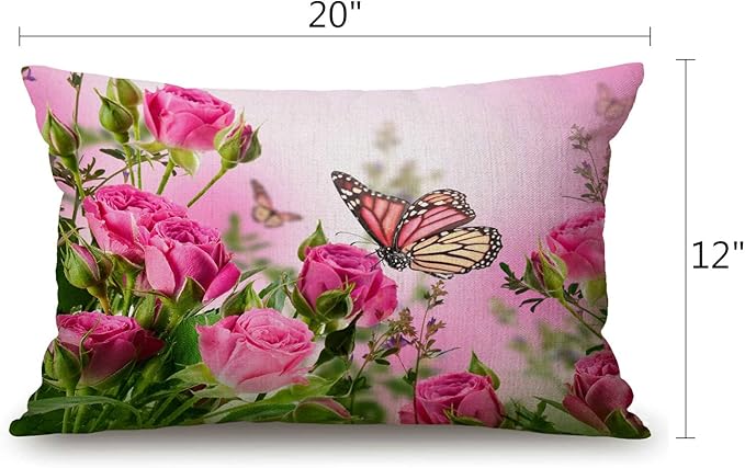 Flower Decor Butterfly Fliying on The Pink Rose Pillow Covers 12" x 20" Lumbar Pillow Covers Home Decorative Cotton Linen Cushion Case for Sofa Couch Housewarming Family Room Décor