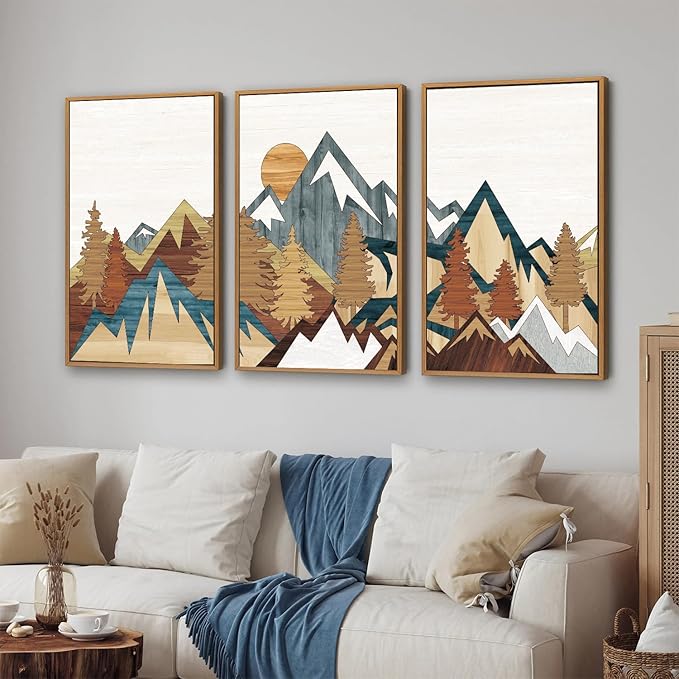 SIGNINART Large Mountain Framed Canvas Wall Art, Boho Sunrise Wilderness Art Prints, Vintage Forest Nature Artwork, Modern Farmhouse Woodcut Style Wall Decor for Living Room Bedroom Office 24"x36"x3