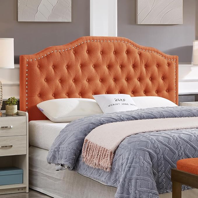 24KF Upholstered Button Tufted Queen Headboard with Nailhead Trim, Elegant Boucle Fabric Full headboard, 6031-Q-Boucle-Orange