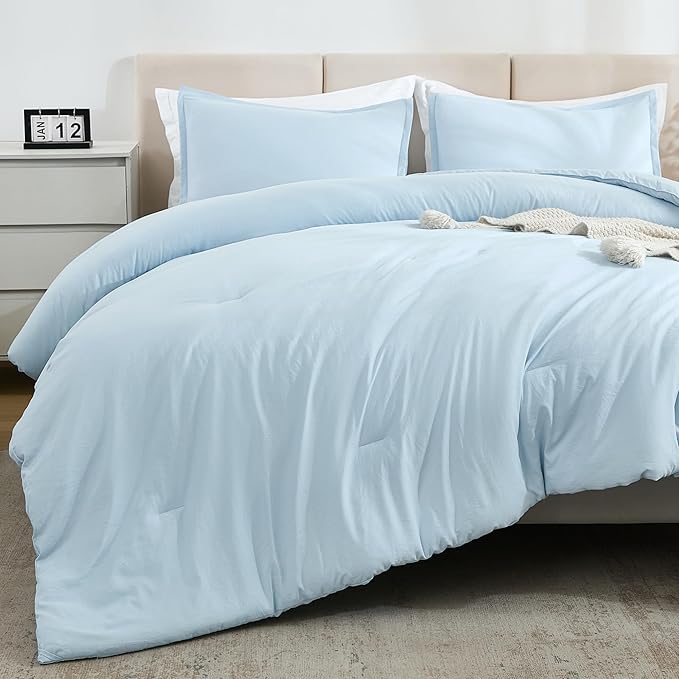 Litanika Comforters Light Blue Queen Size, 3 Pieces Lightweight Solid Bedding Comforter Set, All Season Fluffy Bed Set (90x90In Comforter & 2 Pillowcases)