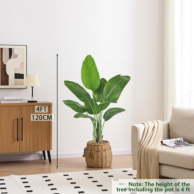 Lifelike Bird of Paradise Silk Artificial Plant Faux Banana Leaf Tree for Home Decor - Perfect Indoor Floor Plant with 9 Trunks (1, Black Planter, 4 FT)