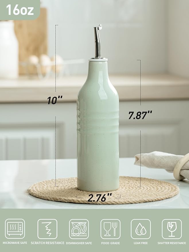 famiware Jupiter 16oz Ceramic Olive Oil Dispenser Bottle, 1 Piece Oil Dispenser for Kitchen with Stainless Steel Pourers, Suitable for Storage Vinegar, Soy Sauce, Coffee Syrup, Light Green