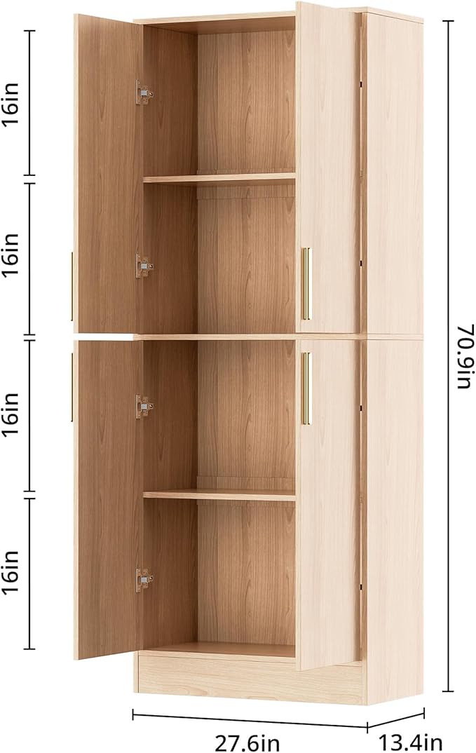 71" Tall Pantry Cabinet with 4 Doors, Kitchen Pantry Storage Cabinet, Freestanding Larder Cupboard, Utility Kitchen Hutch with Gold Handles for Dining Room, Bathroom, Oak