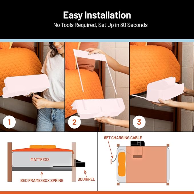 Squirrel Pink Bedside Perch for College Dorm Room Lofted Beds with USB-C & A Charging Ports, Teenage Gifts, Dorm Room Gifts, Gifts for college, fits most Hydro Flask, Oswala and Yeti bottles.