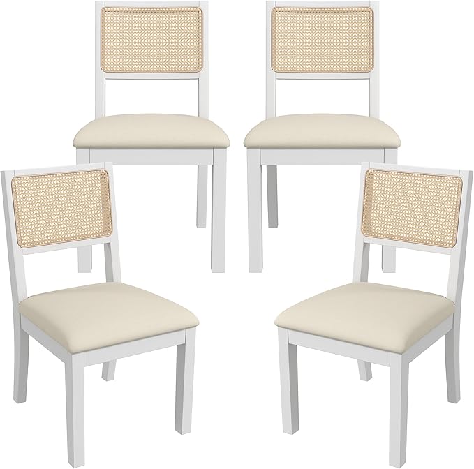 Westice Rattan Dining Chairs Set of 4, Farmhouse Natural Dining Room Chairs with Upholstered Cushion, Wood Armless Chairs for Kitchen/Restaurant, White