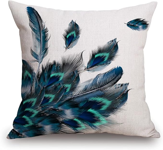 TSSOHU Peacock Feather Watercolor Throw Pillow Case Cushion Cover Couch Sofa Decorative Square 18x18 inches