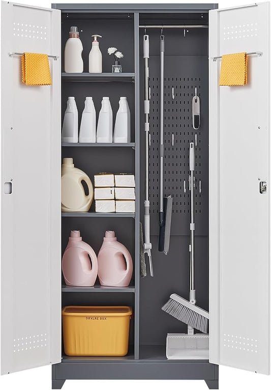 Garage Storage Cabinet,Broom Closet with Lock,Locking Cabinets with Hanging Rod & S-Hooks for School,Garage,Grey-White