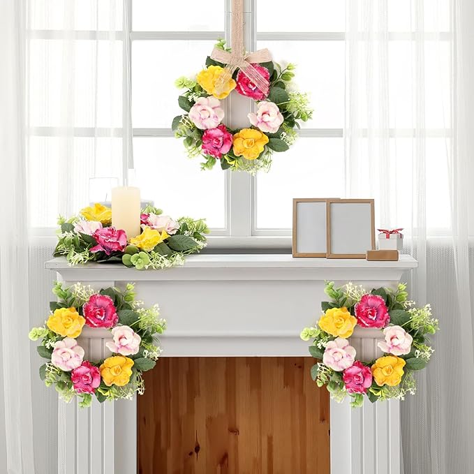 6 Pcs Artificial Rose Wreaths for Kitchen Cabinet Mini Floral Wreath Colourful Roses Hanging Wreaths for Pillar Front Door Porch Wall Window Farmhouse Decoration