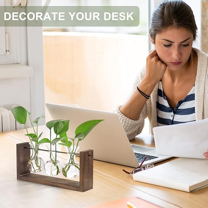 YIBOT Wall Hanging Planter Propagation Station, Plant Terrarium with Wooden Stand, Hydroponics Plants Home Office Living Room Decor Gift-3 Bulb Glass Vases