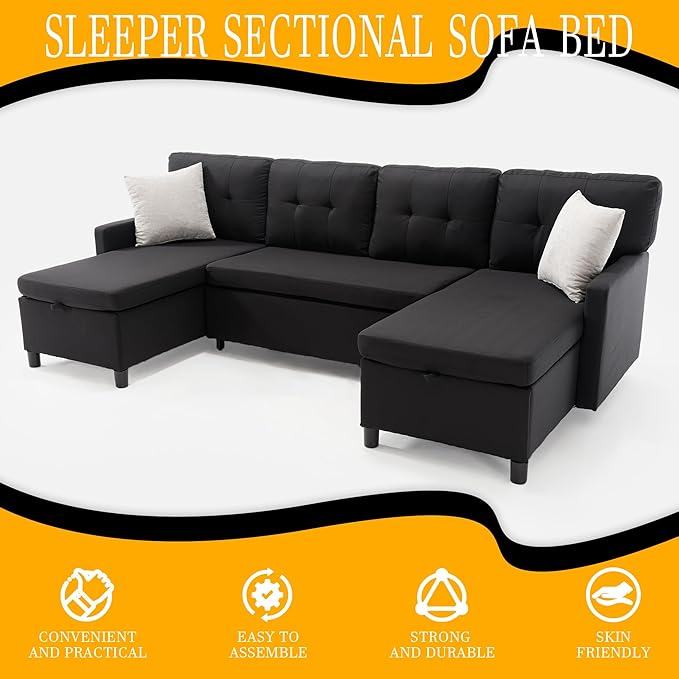 Pull Out Couch, Oversized Sleeper Sofa Couch, Sectional Sleeper Sofa Bed for Living Room Bedroom Lounge (Black, 110 Inch)