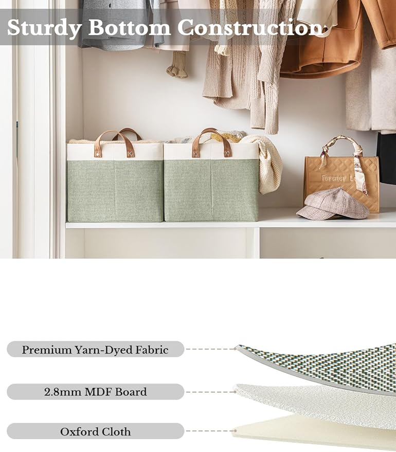 StorageWorks Storage Bins, Fabric Storage Bins for Shelves, Extra Large Storage Baskets with Metal Frame, Closet Baskets and Bins with Handles, Jumbo, Green and White, 2-Pack