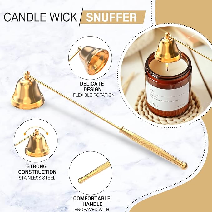6 in 1 Candle Accessory Set,Candle Wick Trimmer Cutter,Candle Wick Dipper,Candle Wick Snuffer, Rechargeable Candle Lighter,Storage Tray Plate,Tweezers,Stainless Steel Candle Care Kit Home Gift(Gold)