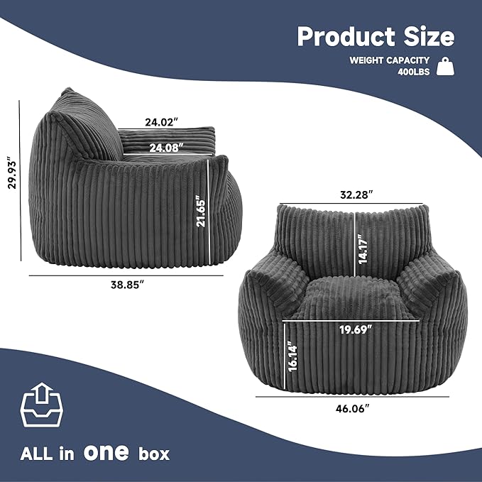 Oversized Bean Bag Chair for Adults, Giant Comfy Plush Boneless Bean Bag Couch with Filler for Kids - Reading Chair for Living Room, Bedroom & Dorm, Single Accent Chair Floor Lounger, Gray