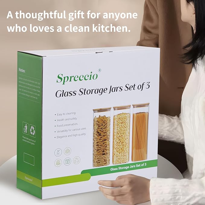 Square Glass Food Storage Jars with Lids[Set of 3], Perfect for Pasta, Cookies, Nuts, Coffee, Cereal, Flour, Organize Your Kitchen and Pantry with these BPA-Free Glass Jars with Canisters