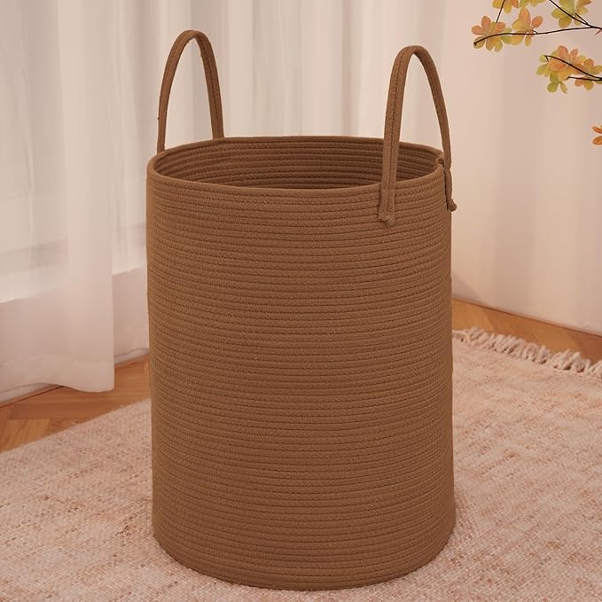 Large Woven Laundry Basket Hamper,60L Cotton Rope Storage Bin for Blankets,Toys and Clothes,Decorative Tall Nursery Hamper for Living Room,Baby Nursery,Bathroom and Bedroom,Golden Jute