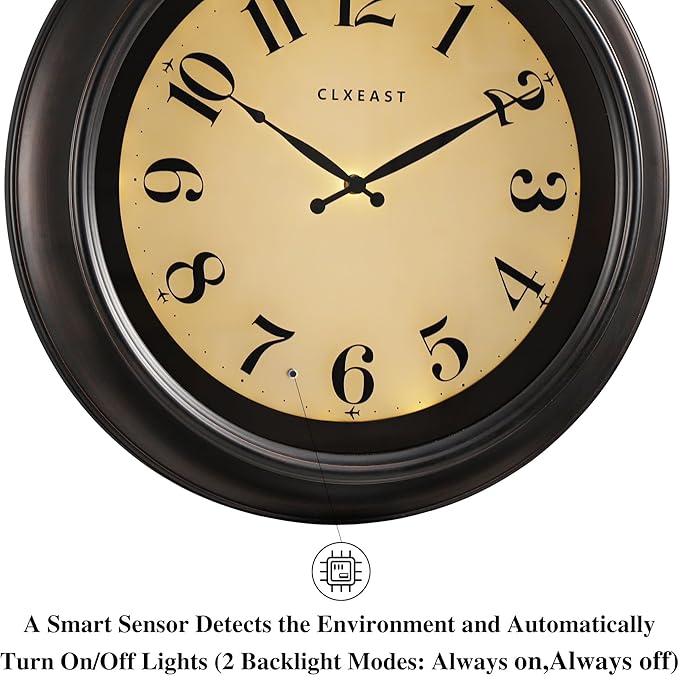 CLXEAST 18 Inch Large Illuminated Wall Clock with AI Smart Night Light Sensor,Modern Farmhouse Wall Clocks for Living Room,Bedroom,Bathroom, Kitchen, Home Office,Oil Rubbed Bronze Black