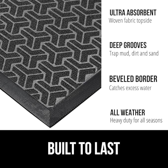 GORILLA GRIP 100% Waterproof All-Season WeatherMax Doormat, 72x24, US Designed Natural Rubber, Stain and Fade Resistant, Low Profile Indoor Outdoor Door Mats, Easy Clean Patio Mat, Slate Geometric