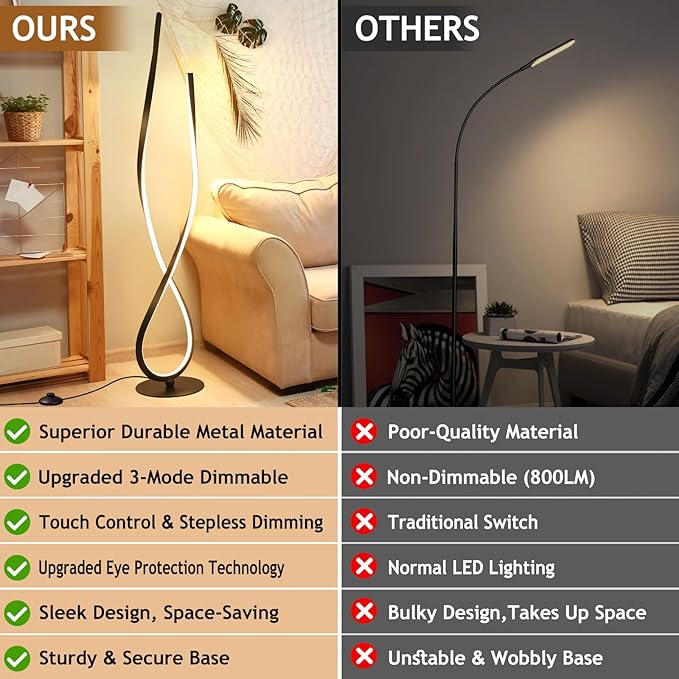 NUÜR Spiral Floor Lamp, 59" Tall Black LED Modern Standing Floor Lamp with Remote Control, Arched Bright Floor Lamps for Living Room Bedroom Office Home (Spiral Floor Lamp)