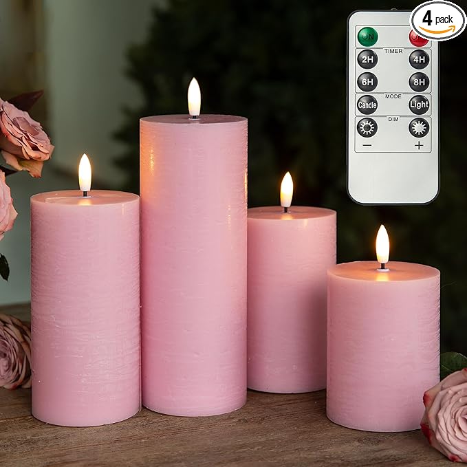 LUSHABOR Flameless Candles, 4 Pack Battery Operated Candles with Remote, Real Wax LED Fake Candles with Timer Flickering for Christmas Wedding Home Party D3 H 5" 6" 7" 9" Pink