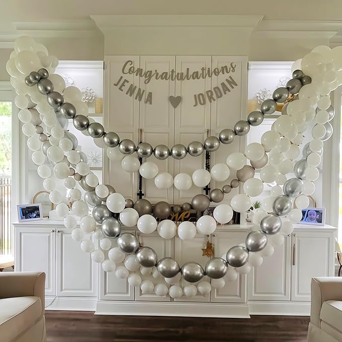 White and Silver Linking Balloons, 100PCS 6 Inch Small Metal Silver Quick Link Balloons for Making Balloon Wall Heart Arch Tails Balloon for Wedding Birthday Baby Shower Graduation Party Decorations