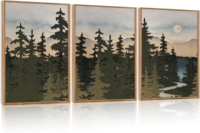 HPNIUB Vintage Mountain Framed Canvas Wall Art Set, Boho Sunrise Art Prints, Forest Nature Wilderness Art Paintings, Abstract Farmhouse Pine Tree Wall Decor for Living Room Bedroom, Office- 16"x24"x3