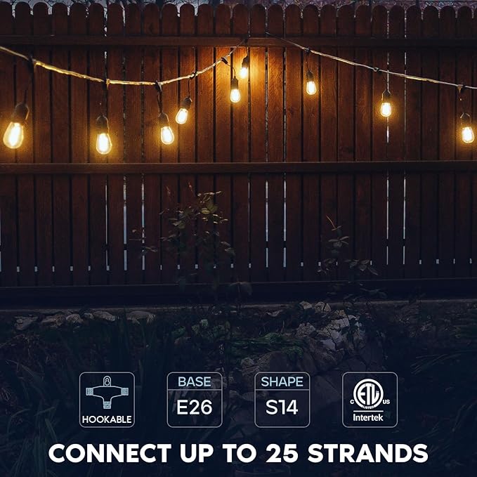 LUXRITE 24FT LED Outdoor String Lights, Commercial Grade Waterproof, 12 Edison S14 Shatterproof Bulbs, IP65, Decorative Hanging for Patio, Backyard, Garden, Cafe, Balcony