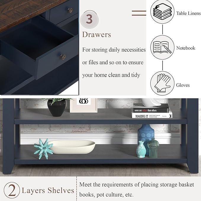 Solid Wood Console Table Sofa Table with Storage Drawers and Bottom Shelf Entryway Table for Entry Hallway Foyer Sofa Couch Table Fully Assembled (48.8" Blue)